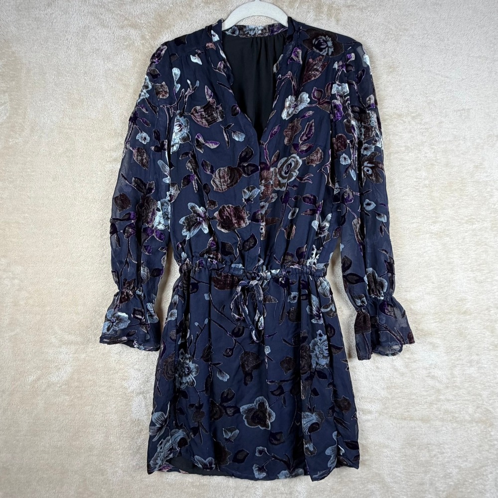 Velvet Floral Womens M‎ Burnout Sheer Long Sleeve V Neck Mini Dress Navy Purple